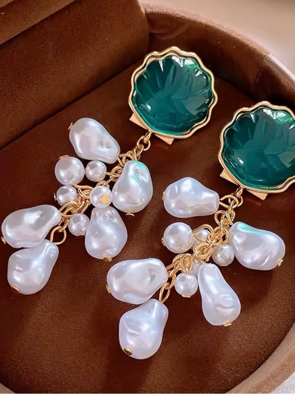 Green Gem and Pearl Drop Earrings - Picture 2 of 4